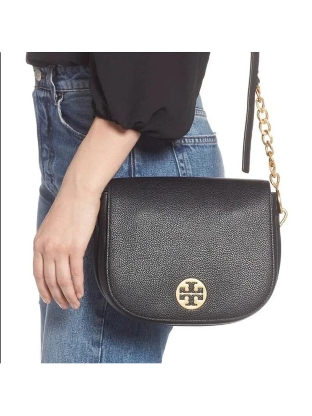Tory Burch Black Pebbled Leather Crossbody Bag with Gold Logo Accent